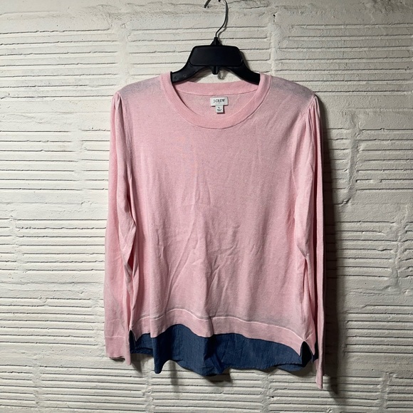 J. Crew Long Sleeve Light Pink Sweater With Denim Tail Trim Size Large - Picture 1 of 6